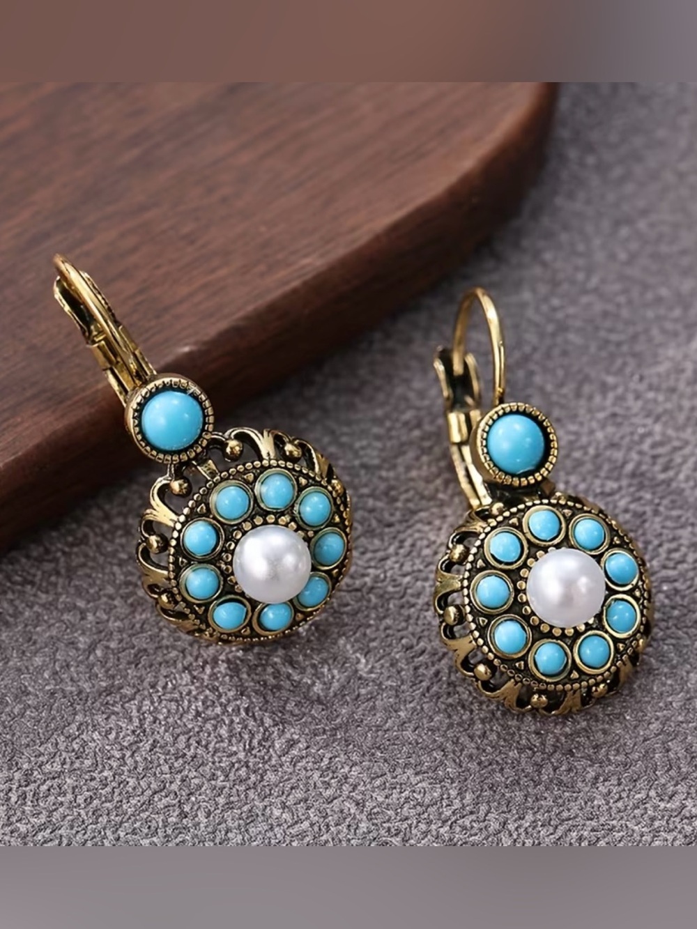 NEW! Vintage-Style Gold Filigree Drop Earrings. Antique Turquoise Earrings B2–92 - Picture 2 of 5